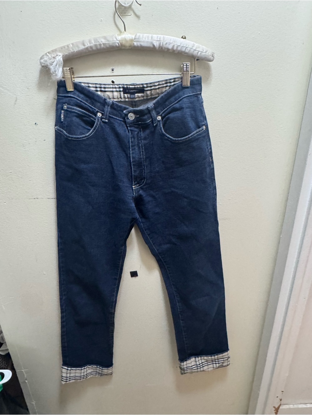 Vintage Burberry Dark Blue Relaxed Fit Jeans with Plaid Cuff size 6